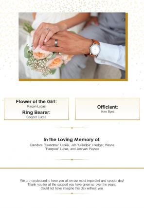 Bi fold wedding program details document report pdf ppt template one pager