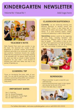 Monthly Kindergarten Updates Newsletter For Parents Presentation Report Infographic PPT PDF Document