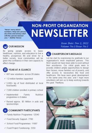 Bifold One Page Annual Newsletter For Non Profit Organization Presentation Infographic Ppt Pdf Document