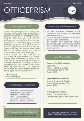 One Page Corporate Internal Communication Newsletter Presentation Report Infographic PPT PDF Document