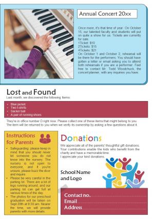 Bifold One Page Elementary School Kids Monthly Update Newsletter Presentation Infographic PPT PDF Document