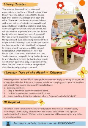 Bifold One Page Elementary School Monthly Newsletter Presentation Report Infographic Ppt Pdf Document