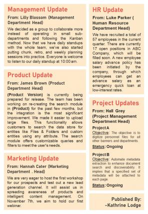 Bifold One Page Employee Update Newsletter Presentation Report Infographic Ppt Pdf Document