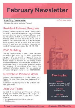 One Page February Newsletter For Construction Company Presentation Report Infographic PPT PDF Document