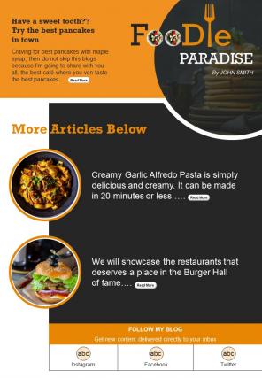 One Page Food Blogger Email Newsletter Presentation Report Infographic Ppt Pdf Document