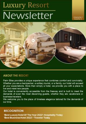 Bifold One Page Luxury Resort Newsletter Presentation Report Infographic Ppt Pdf Document