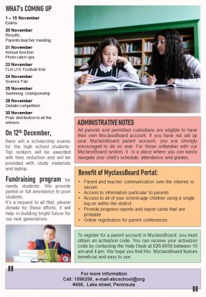 Bifold One Page Middle School Newsletter Template Presentation Report Infographic PPT PDF Document