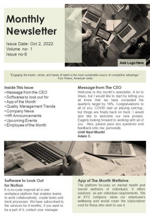 Bifold One Page Monthly Newsletter For Employees Presentation Report Infographic Ppt Pdf Document
