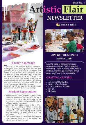 Bifold One Page Monthly Painting Class Newsletter Presentation Report Infographic Ppt Pdf Document