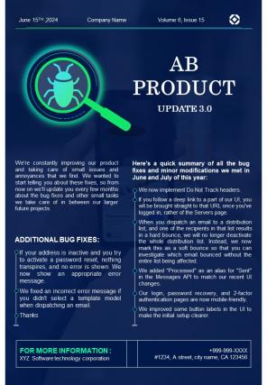 One Page Product Update And Bug Fix Email Newslette Presentation Report Infographic PPT PDF Document