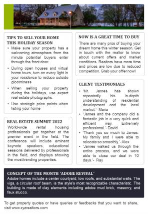 Bifold One Page Real Estate Agent Newsletter For Property Buyers Presentation Infographic Ppt Pdf Document