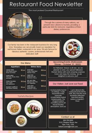 One Page Restaurant Newsletter Template Presentation Report Infographic PPT PDF Document