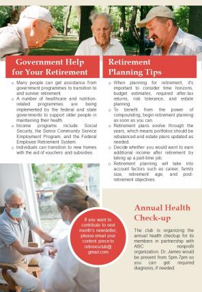Bifold One Page Retirement Newsletter Template Presentation Report Infographic Ppt Pdf Document