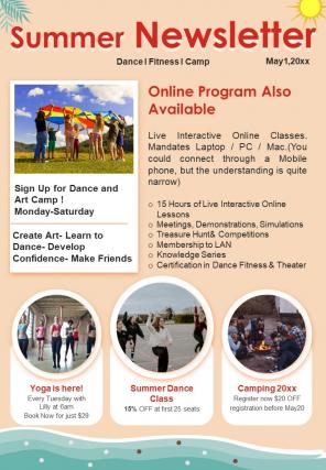 Bifold One Page Summer Camp Program Newsletter Presentation Report Infographic PPT PDF Document