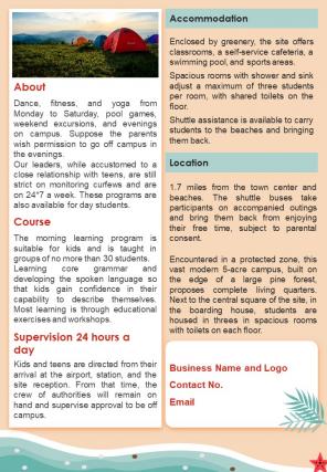 Bifold One Page Summer Camp Program Newsletter Presentation Report Infographic PPT PDF Document