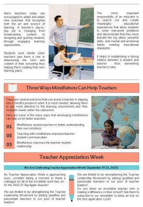 Bifold One Page Teacher Appreciation Newsletter Presentation Report Infographic PPT PDF Document