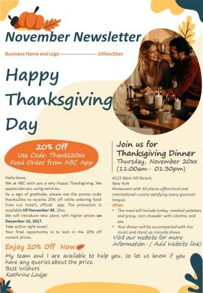 Bifold One Page Thanksgiving Newsletter For November Month Presentation Infographic PPT PDF Document
