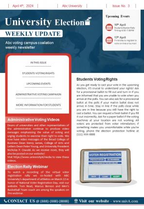 One Page University Election Weekly Newsletter Presentation Report Infographic PPT PDF Document