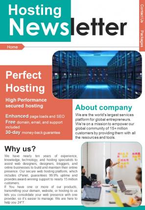 Bifold One Page Web Hosting Newsletter Presentation Report Infographic Ppt Pdf Document