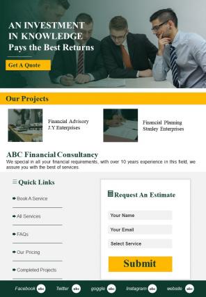 Bifold One Pager Financial Consultancy Landing Page Newsletter Presentation Report Infographic Ppt Pdf Document