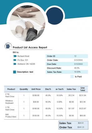 Bifold product access report document pdf ppt template one pager