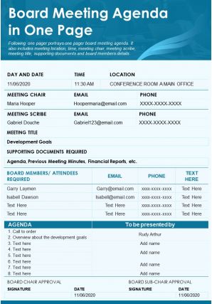 Board meeting agenda in one page presentation report infographic ppt pdf document