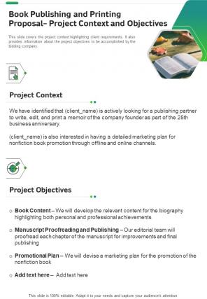 Book Publishing And Printing Proposal Project Context And Objectives One Pager Sample Example Document