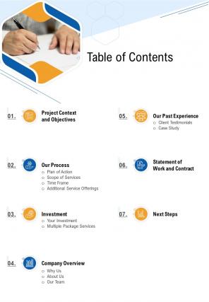 Brand Identity Design Proposal Table Of Contents One Pager Sample Example Document