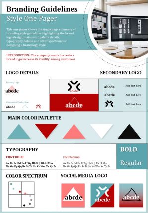 Branding guidelines style one pager presentation report infographic ppt pdf document
