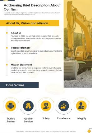 Building Construction Addressing Brief Description About Our Firm One Pager Sample Example Document