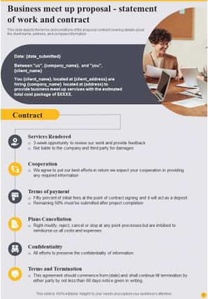 Business Meet Up Proposal Statement Of Work And Contract One Pager Sample Example Document