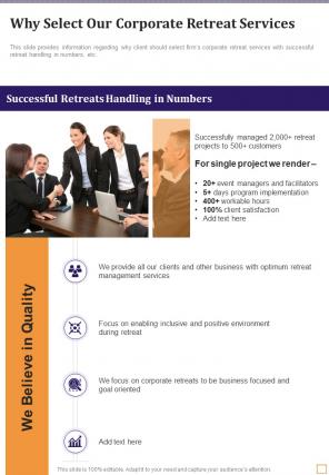 Business Personnel Why Select Our Corporate Retreat Services One Pager Sample Example Document