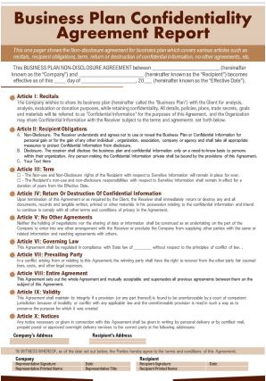 Business plan confidentiality agreement report presentation report infographic ppt pdf document