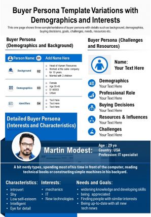 Buyer persona template variations with demographics and interests presentation report infographic ppt pdf document