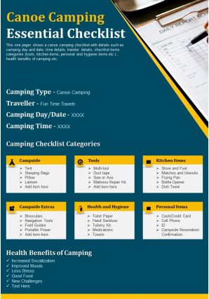 Canoe camping essential checklist presentation report infographic ppt pdf document