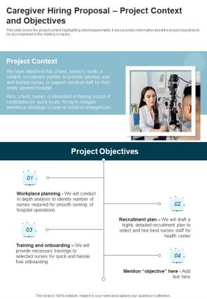Caregiver Hiring Proposal Project Context And Objectives One Pager Sample Example Document