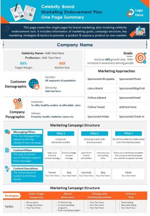 Celebrity brand marketing endorsement plan one page summary presentation report infographic ppt pdf document