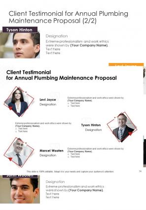 Client Testimonial For Annual Plumbing Maintenance Proposal One Pager Sample Example Document