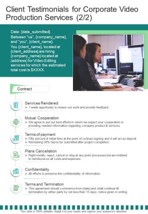 Client Testimonials for Corporate Video Production Services One pager sample example document