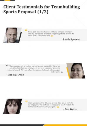 Client Testimonials For Teambuilding Sports Proposal One Pager Sample Example Document