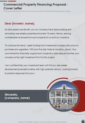 Commercial Property Financing Proposal Cover Letter One Pager Sample Example Document