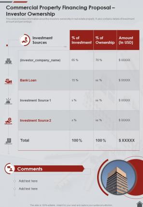 Commercial Property Financing Proposal Investor Ownership One Pager Sample Example Document