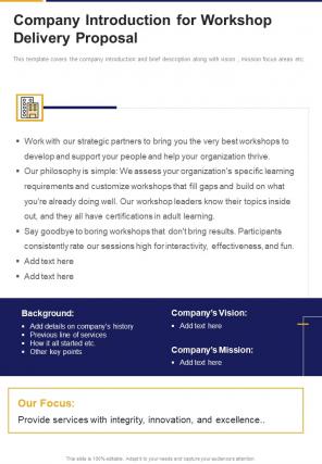Company Introduction For Workshop Delivery Proposal One Pager Sample Example Document