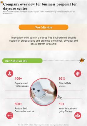 Company Overview For Business Proposal For Daycare Center One Pager Sample Example Document