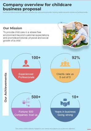 Company Overview For Childcare Business Proposal One Pager Sample Example Document