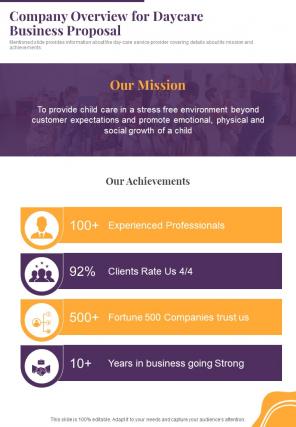 Company Overview For Daycare Business Proposal One Pager Sample Example Document
