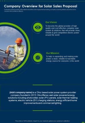 Company Overview For Solar Sales Proposal One Pager Sample Example Document