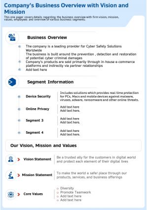 Companys business overview with vision and mission template 67 report infographic ppt pdf document