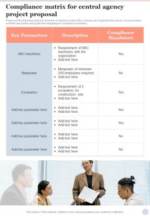 Compliance Matrix For Central Agency Project Proposal One Pager Sample