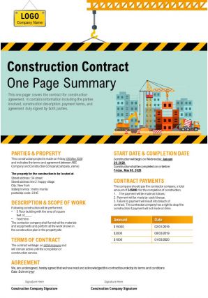 Construction contract one page summary presentation report infographic ppt pdf document